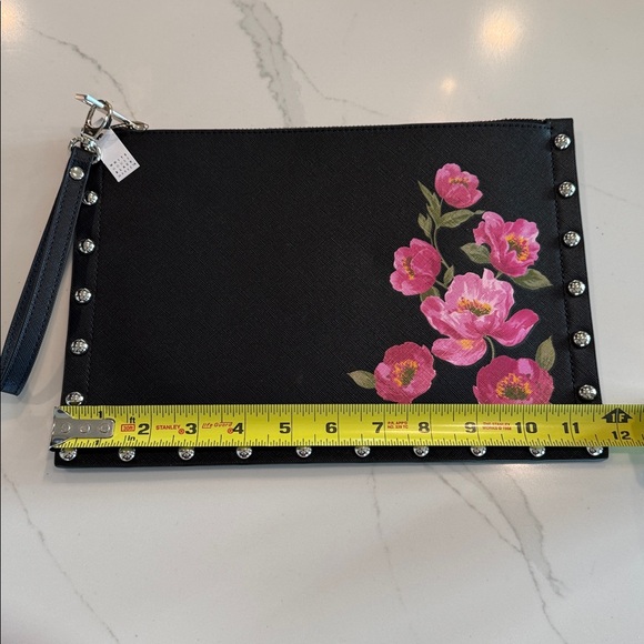 White House Black Market Black Studded Clutch with Pink Floral Design - Picture 6 of 7